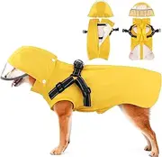 SlowTon Dog Rain Coat with Chest Harness, Removable Hood Waterproof Zipper Rain Jacket, Sleeveless Double Layer Dog Rain Poncho with Reflective Brims for Small Medium Large Dogs