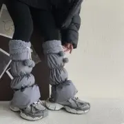 Lambswool Trim Padded Puffer Leg Warmers Covers for Women with Plush Balls Charm