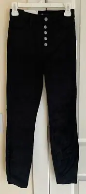 7 For All Man Kind Black Velvet High Waist Ankle Super Skinny Button ￼Sz 25 New!