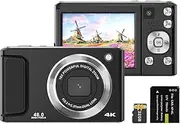 4K Digital Camera Digital Video Camera 48MP Dual Lens 2.8 Inch IPS Screen Auto Focus 16X Digital Built-in Flash Battery with 32GB TF Card Birthday Festival Students Teenagers Black with 1 Battery