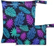 [Amooorous] Colorful Fluorescent Neon Tropical Leaves reusable gym clothes bag 2 Pack wet bag for swimsuit with handles for daycare, pool