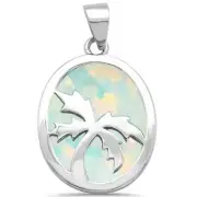 Solid White Opal With Palm Tree Design .925 Sterling Silver Pendant
