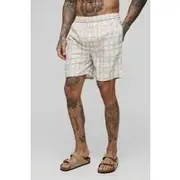 Mens Ecru Tall Mid Length Check Swim Shorts
