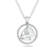 Natural Diamond Accent Circle Outline Sailboat Pendant in Sterling Silver