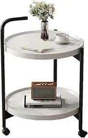 TOMVAES 2-Tier Small Round Side Table, Finish Movable Round Coffee Table with Wheels Sofa End Table for Living Room Bedroom Balcony Patio Nightstand (White) (White)