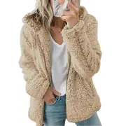 Women Teddy Bear Coat Soft Warm Cardigan Fleece Fur Hooded Fluffy Jacket Tops Winter Khaki 2XL