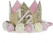 Sundecor Baby Girl First Birthday Crown, Number 1 Headband, Little Prince Princess Birthday Hat, Sparkle Gold Style, 1/2 Birthday Decorations, Tiara Crown, Cake Smash Photo Prop, Pink & Gold