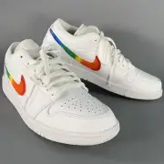 NIKE Size 11 Air Jordan 1 Low White Multi Color Rainbow Swoosh Leather Sneakers