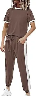 Women's Two Piece Outfits Summer Short Sleeve Tops With Drawstring Long Pants Tracksuit Jogger Lounge Set
