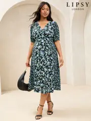 Lipsy Blue Curve Floral Mixed Print Short Sleeve Viscose Midi Dress (AT8495) | $136