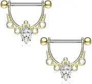 [BodyJewelryOnline] Nipple Bar Rings Shield Barbell Cz Center with Infinite Filigree Dangle Drop Plated in Precious Metal 14Kt Gold, Rose Gold Plated, Rhodium Plated.