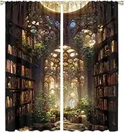 HZOHNAGO Bookshelf Curtain Retro Library Pavilion Bookshelf Books Blackout Print Rod Pocket Window Drapes for Bedroom Living Room 42x45in