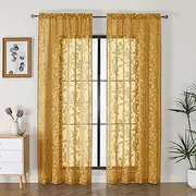 OVZME Gold Sheer Curtains 84 inches Long 2 Panels for Living Room, Jacquard Clip Leaf Pattern Textured Light Filtering Window Semi Sheer Voile Drapes for Bedroom, Each Panel 42 x 84 Inch