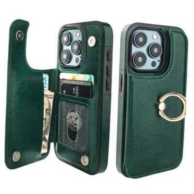 for iPhone 15 Pro Wallet Case with Card Holder, 360° Rotation Ring Green