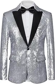 [Catheive] Men's Sequin Blazer One Button Tuxedo Suit Jacket Party Festival Wedding Prom