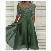 Lace Appliques Dress Midi Short Sleeve Evening Dresses Casual All Match Dress for Wedding Green L