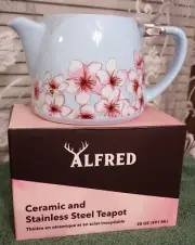 ALFRED Ceramic and Stainless Steel Teapot 20 oz Infuser Blue Cherry Blossoms