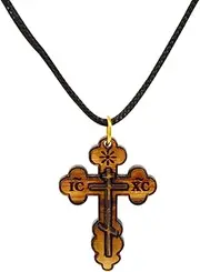 [Most Original Gifts] AUTHENTIC Eastern St. Nicholas Bethlehem Olive Wood Cross Necklace in Cotton Pouch - Cross Necklace for Men and Women