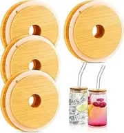 [Newtay] 4 Pieces 16oz Bamboo Beer Glass Lids with Straw for Beer Glass Jar Lid for Drinking Glasses, Glasses and Straw Not Included