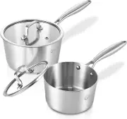 Tri-Ply Stainless Steel Saucepan Set-1Qt & 2QT with Lids,Induction Sauce Pots,Po