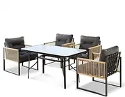 ALFORDSON Outdoor Patio Bistro Set with UV-Resistant PE Wicker, Conversation Set with 4X Armchairs and 140x80x70cm Coffee Table, Lounge Chair & Side Table with Water-Resistant Cushions, Dark Grey