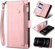 for iPhone 13 mini Case,for iPhone 13 mini Wallet Case,Skin Leather Flip Cover with Wrist Strap [6 Card Slots] [2 Cash Pocket] [1 Zipper Coin Pocket]-Pink