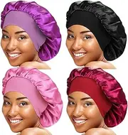 Dumrotite 4 Pcs Wide Elastic Band Satin Sleep Bonnet Soft Night Sleeping Cap for Women