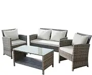 ALFORDSON 4pcs Outdoor Patio Furniture Garden Sofa, PE Wicker Rattan Lounge Chair and Glass Coffee Table 4 Pieces Setting, UV-Resistant Conversation Set with Back Pillows & Seat Cushions, Light Grey