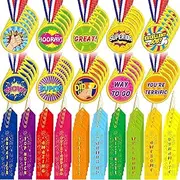 Geyee 100 Pieces Field Day Award Ribbons and Medals Bulk Winner Plastic Award Medals Motivational Medal with Neck Ribbon Assortment for Competition Sports Contest Graduation Favors (Award)