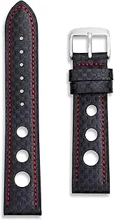 [Buckle & Stitch] Carbon Fibre Pattern Rally Watch Strap - Perforated Watch Bands in 18mm 20mm 22mm - Black Red and Orange Stitching - Tool and Spring Bars Included
