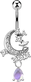 [KUNASSHIR] Dangle Moon Belly Button Ring Navel Piercings Belly Button Bar with Teardrop Gem Stainless Steel Navel Rings Belly Piercing Jewellery for Women, Stainless Steel, Cubic Zirconia