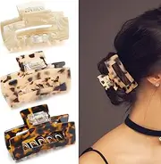 3 Pieces Acrylic Large Hair Claw Clips Cutout Tortoise Shell Hair Jaw Clips Celluloid French Design Rectangle Hair Barrettes Banana Clips for Women Girls (Classic Pattern)