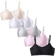 [FIRITHYC] Girls Padded Training Bras, 5 Packs Teen Girls Thin Cotton Breathable Sports Bra Fits 10-16 Years Wire Free Push Up Bra Running