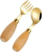 SWOOMEY Boys and Girls Stainless Steel Forks Spoon Set Learning Utensil Wooden Handle Toddler Desset Forks Child-Friendly Design for