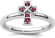 [JewelryWeb] 2.25mm 925 Sterling Silver Stackable Rhodium Rho. Garnet Religious Faith Cross Ring-Stackable-Ring for Women