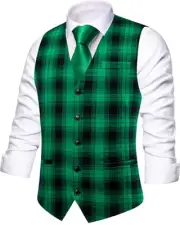 Men's Suit Vest Plaid Checks V-neck Single Breasted X-Large Black and Green