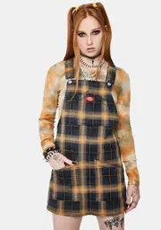 [Dickies Girl] Brown Plaid Overall Mini Dress