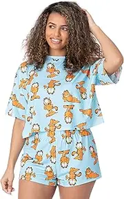 [Garfield] Womens Pyjamas | Adults Ladies Cropped T-Shirt with Shorts Bottoms Pjs Blue Cartoon Cat All Over Print