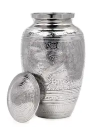 Cremation urn Memorial Container, Silver Chrome with engraving. Large Size 10.5"