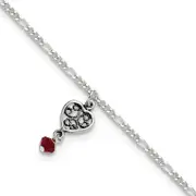 Sterling Silver Dark Pink Crystal Dangling Antiqued Heart 9 Inch Anklet
