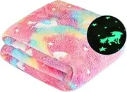 Glow in The Dark Blanket Unicorn Gifts for Kids Girls Teen Birthday Christmas Halloween Present Light Up Rainbow Unicorn Bedroom Bed Decor Fun Soft Fluffy Plush Glowing Throw Pink 50"x60"