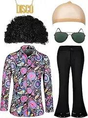 6 Pcs Men 70s Disco Costumes Include Retro Floral Shirt Bell Bottom Pants Sunglasses Necklace for Disco Party