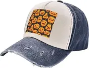 [pvinnk] Halloween Pumpkin Patterns Print Distressed Baseball Cap Adjustable Hat with Classic Unisex Style for All Seasons, Navy Blue, One Size