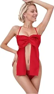 [RNHGBB] Women's Red Babydoll Lingerie, One Size Fits Most, Satin, Backless, Bow Detail, Valentine's Day, Christmas, Honeymoon, Lingerie Party, Wedding