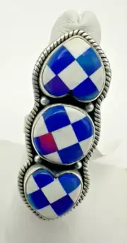 Sterling Silver Aurora Opal Blue White Triple Checkerboard Ring Adjustable Size
