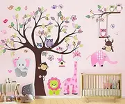 Kids Pink Jungle Theme Peel & Stick Girl Nursery Wall Decal, Colorful Owl Giraffe Lion Tree Decorative Sticker for Baby Bedroom, Playroom Mural