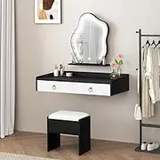 ALFORDSON Wall-Mounted Dressing Table Set 77cm Black White Color, Compact Drawers and Storage Stool Sets, Floating Makeup Dessk with LED Light Mirror