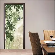 Door Stickers 3D Hand Drawn Bamboo Forest Bird Door Sticker Wallpaper Living Room Mural Decals for Home Decor Poster(77x200cm)