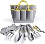 Jardineer Garden Tools Set, 8PCS Heavy Duty Garden Tool Kit with Outdoor Hand Tools, Garden Gloves and Storage Tote Bag, Gardening Tools Gifts for Women and Men
