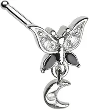[Pierced Owl] 20GA 316L Stainless Steel Black CZ Crystal Butterfly with Dangling Moon Nose Bone Stud, 20GA, Metal, cubic zirconia